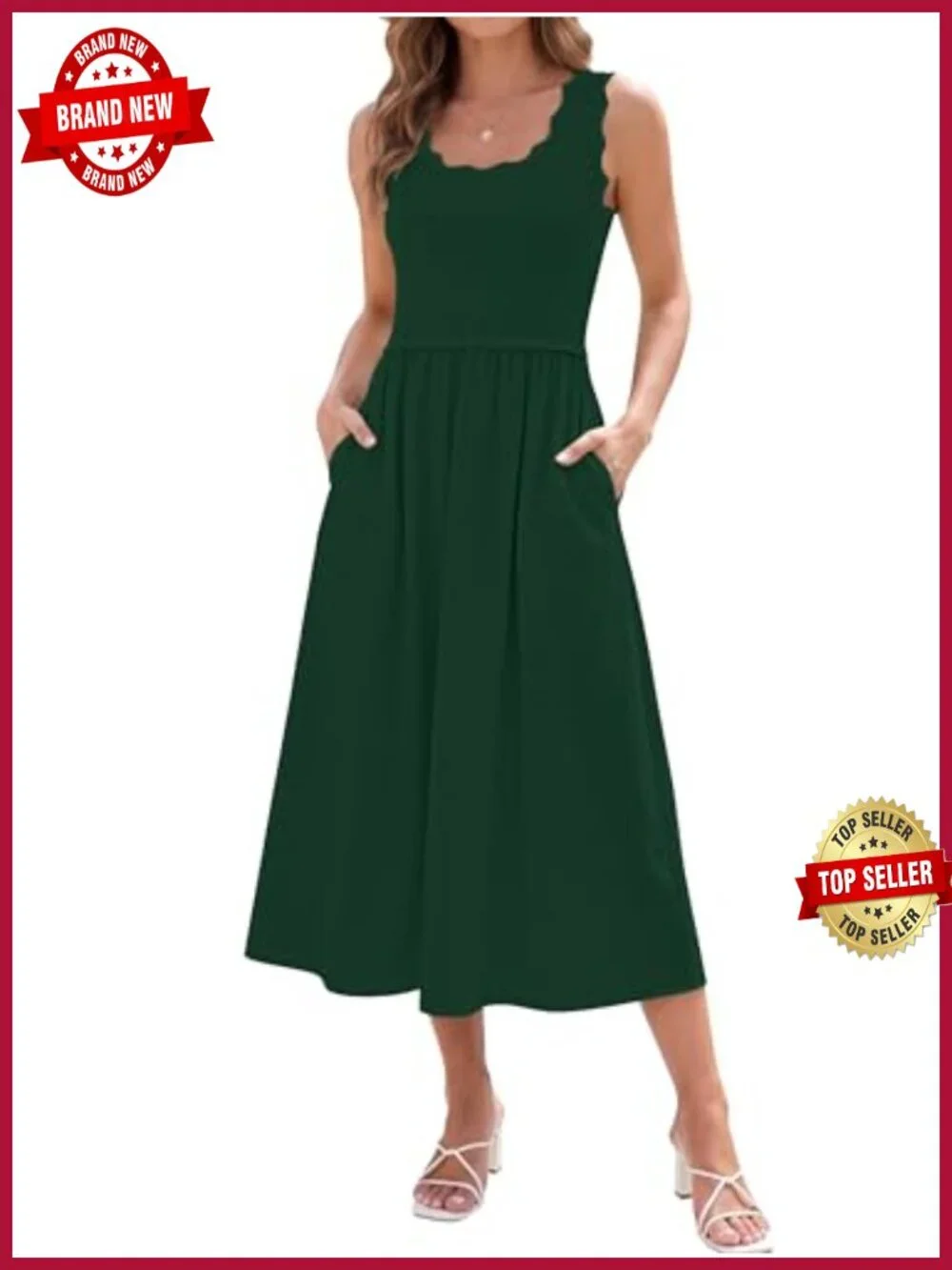 Womens Sleeveless A-Line Flowy Maxi Dress Scoop Neck Pockets Casual